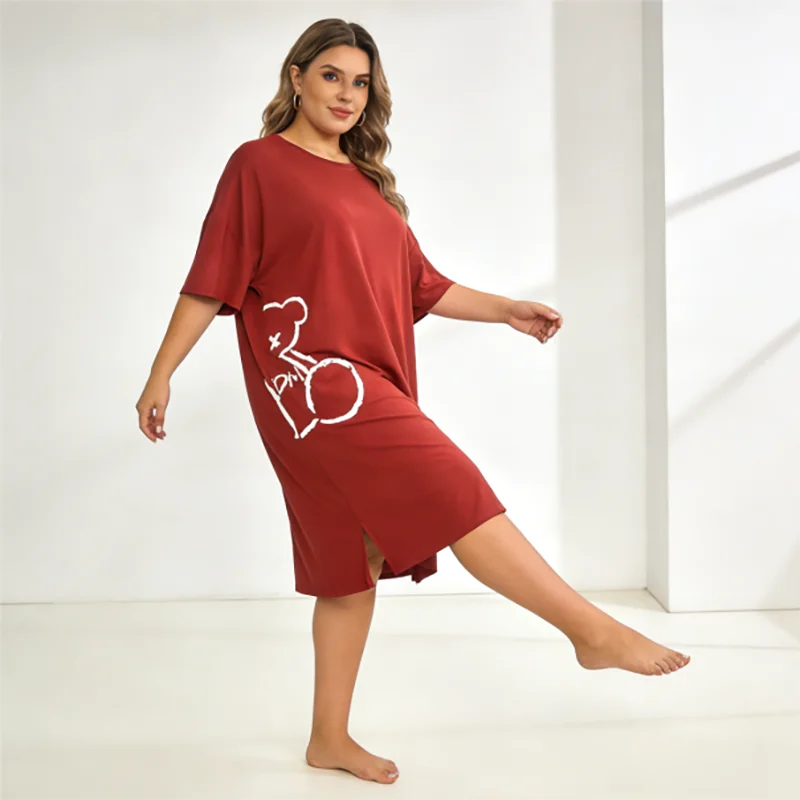 Plus Größe 50-150 kg Bärendruck Nachthemd Damen Sommer übergroßes T-Shirt Nachtwäsche weiches lockeres Homewear Loungewear Kleid
