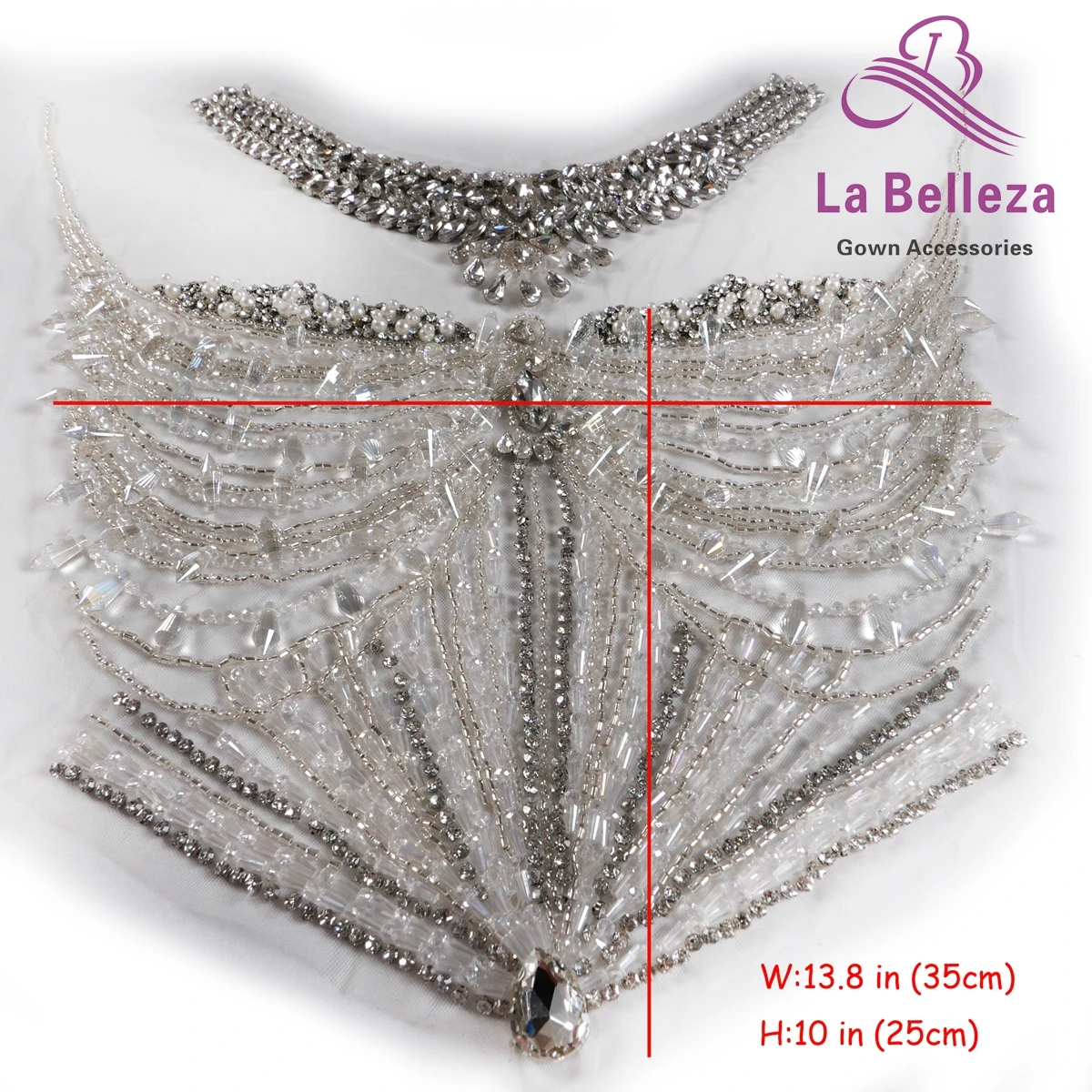 La Belleza beautiful sewon neck bodice applique, gold  silver crystal rhinestone applique Patch for bridal prom dress