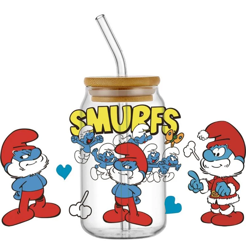 

Miniso Cartoon The Smurfs Pattern UV DTF Transfer Sticker Waterproof Transfers Decals For 16oz Glass Cup Wrap Stickers