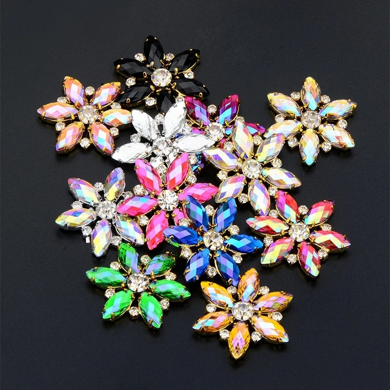 JUNAO 1 pièce 36mm coudre sur Rose AB verre fleur Strass or griffe cristal Applique Flatback Strass pierres à coudre pour robe artisanat