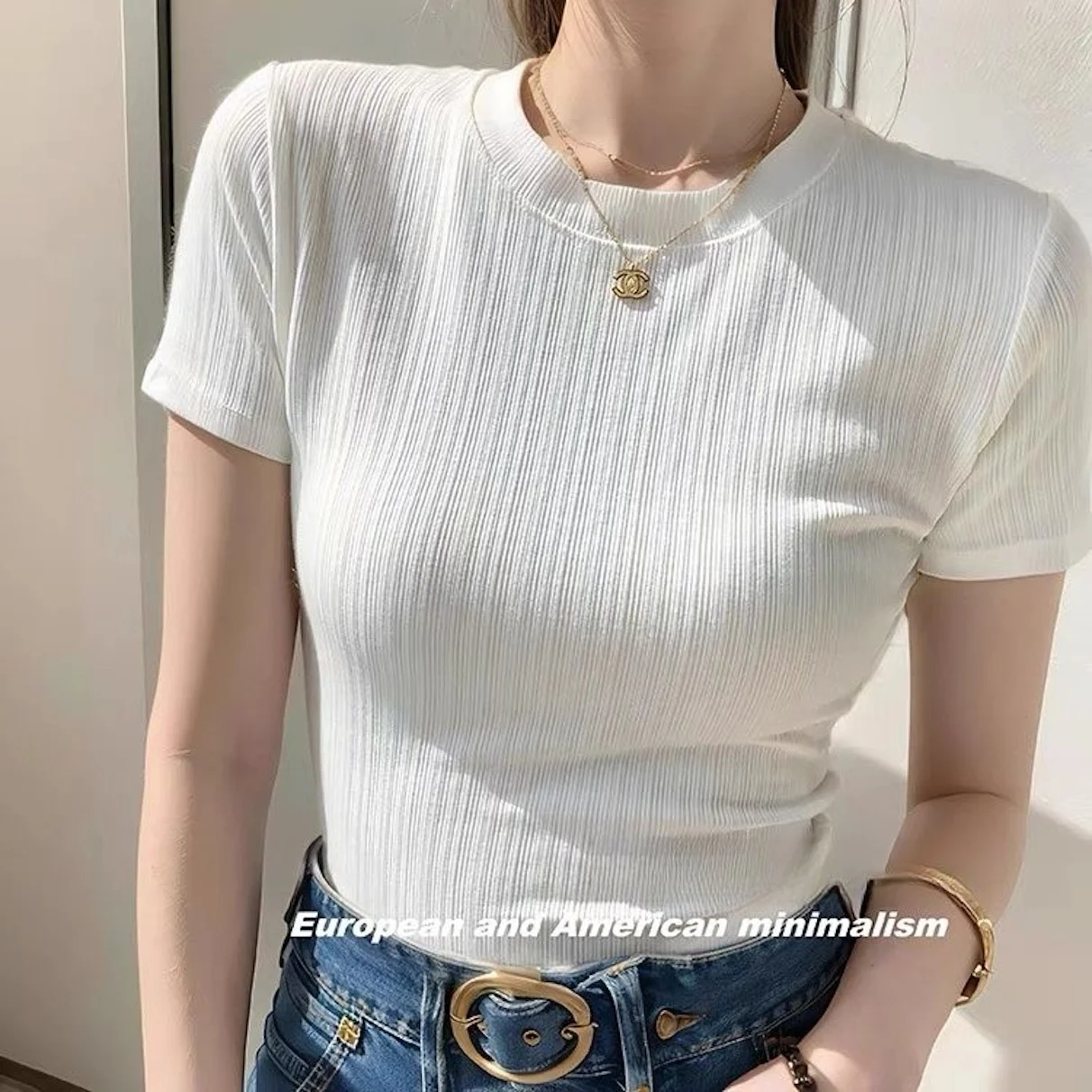 Summer New Ribbed Solid Color Cotton Short Sleeve T-Shirt Crew Neck Slim Fit Regular Shoulder Outerwear Base Layer Versatile Top