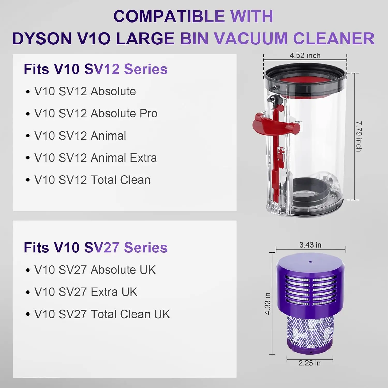 Two Large Trash Cans Suitable for V10 SV12 Vacuum Cleaner Replaced the Dust Bucket V10 +HEPA Filter