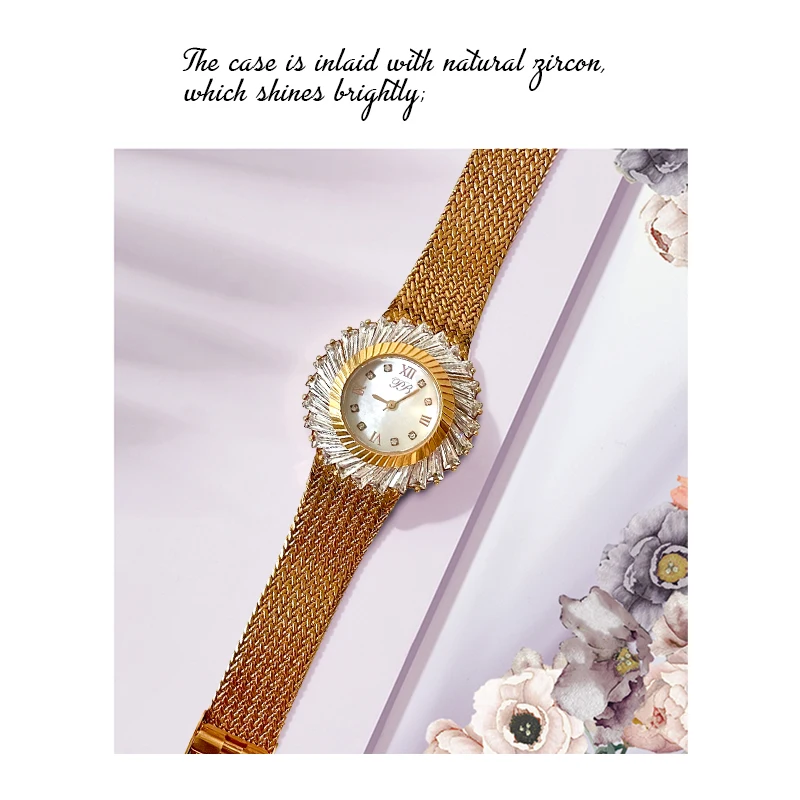 Princess Butterfly Luxury Gold Plated Stainless Steel Women Quartz Watch Zirconia Mother of Pearl Dial Jewelry Wristwatch