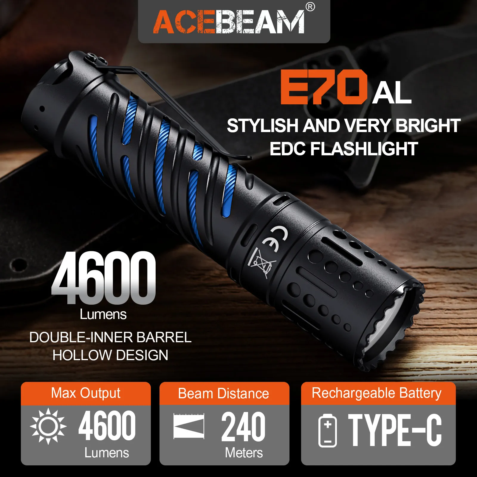 ACEBEAM E70 4600 Lumens Ultra-Compact Rechargeable EDC Flashlight, for Household Search, Outdoor Camping, Hiking