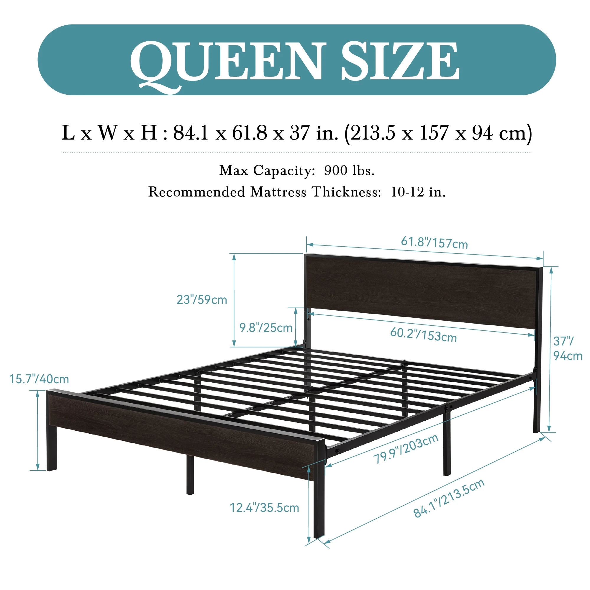 هيكل سرير HOOMIC مع لوح رأسي خشبي، سرير بمنصة معدنية مع كريم أساس مرتبة قوية، لا حاجة إلى صندوق زنبركي، #6