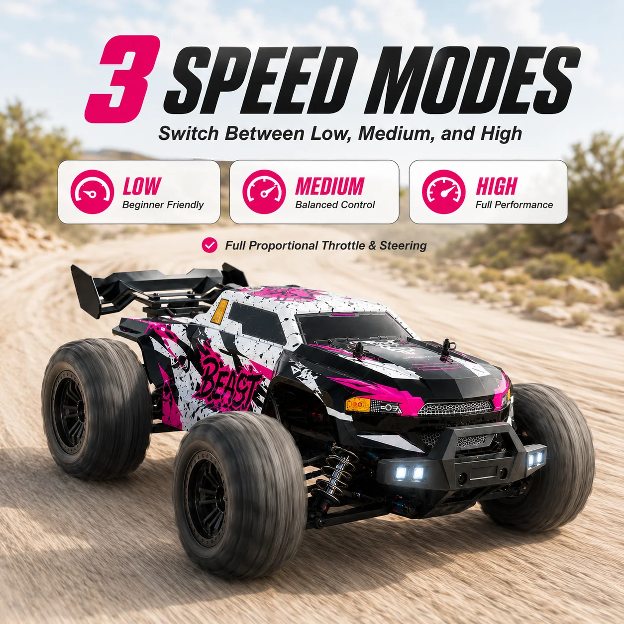 Image of ZNLYRION Ferngesteuertes Auto RC Offroad-Monstertruck 4WD Brushless 2,4GHz 3-Gang Einstellbar mit LED-Scheinwerfern, Allterrain-Großreifen Hobby RC-Fahrzeug 2 Wiederaufladbare Batterien RTR Spielzeug