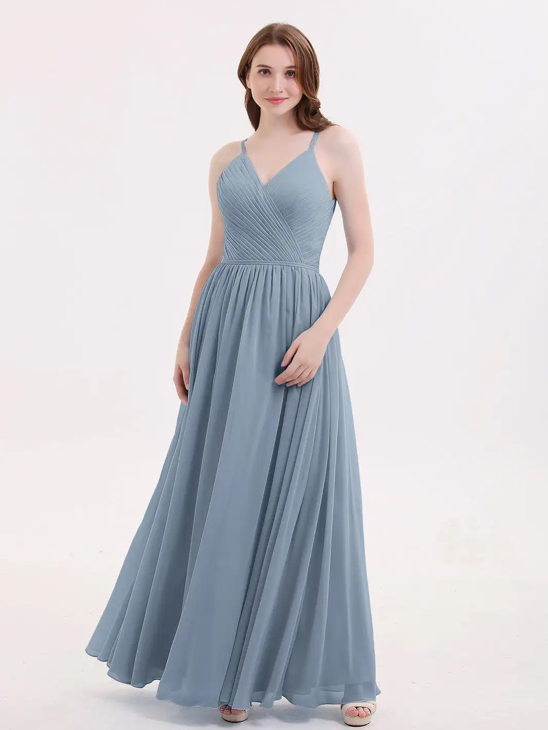 

Open Back Chiffon Dress With V Neck Bridesmaid Dress Spaghetti Straps Wedding Cocktail Dresses With Slit Pleated Evening Gowns
