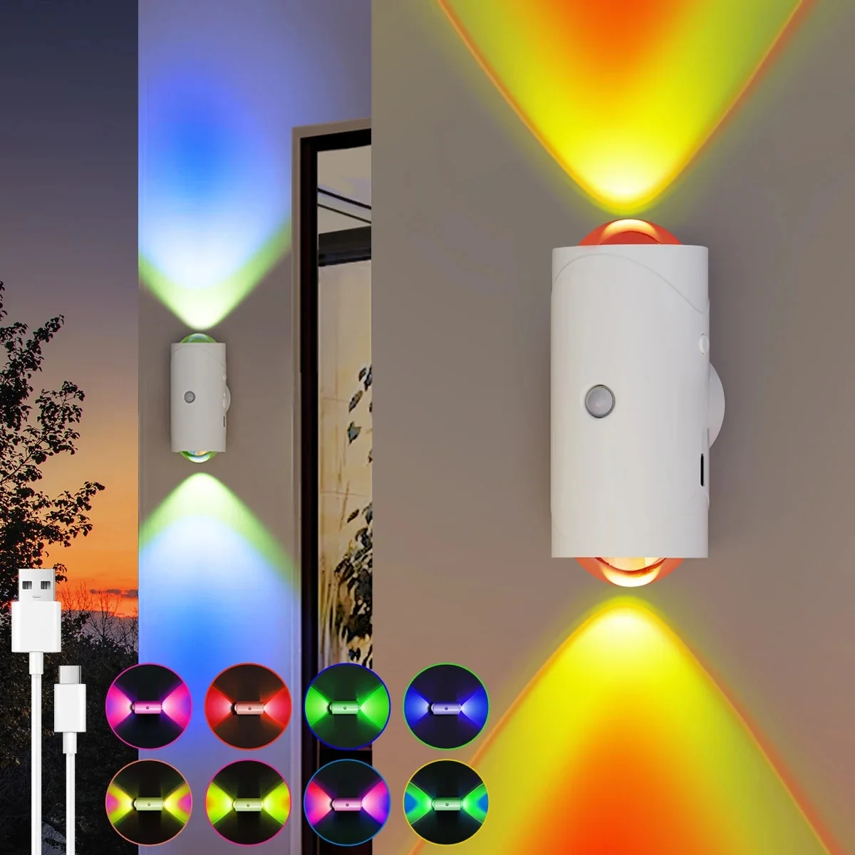 Wiederaufladbare LED-Nachtlichter mit Bewegungsmelder, Wandleuchten, RGB-Verlaufsumgebungslicht, dimmbare Innenlampen, magnetische Stufenlampe