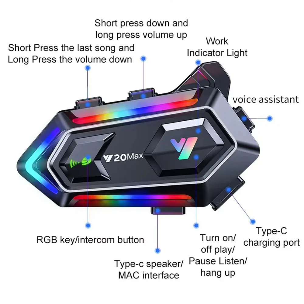 Y20 MAX Motorcycle Helmet Bluetooth Headset Intercom With Mixing V5.3 RGB Colorful Light Effect 1000mAh Battery