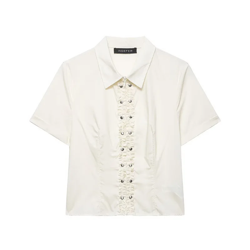 

Модная женская рубашка с заклепками, элегантная повседневная блузка на молнии с коротким рукавом из поплина, новинка 2026 года, весенне-летняя модная женская одежда