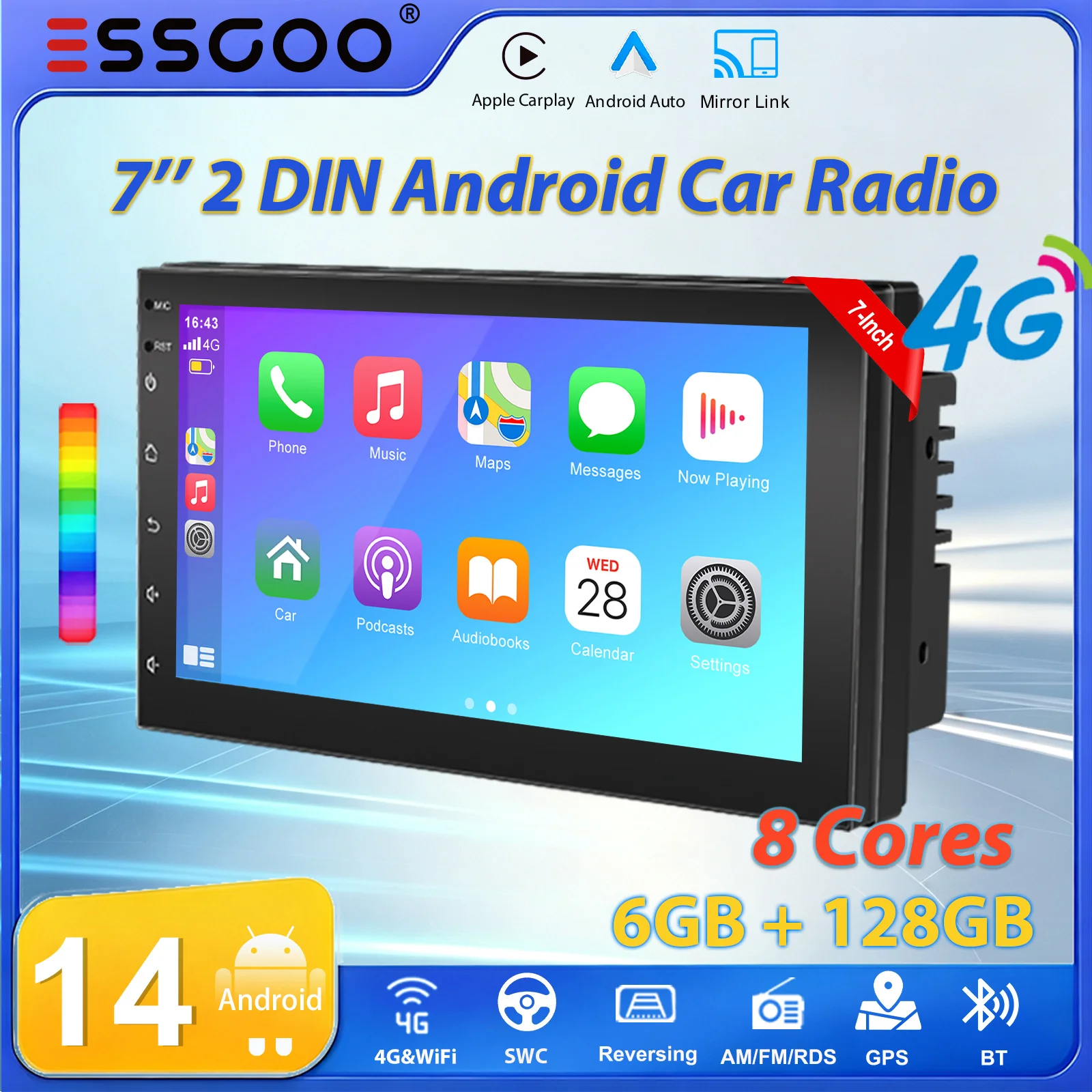 ESSGOO 7" 2 DIN 8-Core 6+128G Android 14 Autoradio con Carplay Wireless, Android Auto, GPS, Navi, RDS, AM, FM, Wifi, Bluetooth, Mirror Link, Swc, Touchscreen, Lettore Multimediale, 7 Luci Colorate,