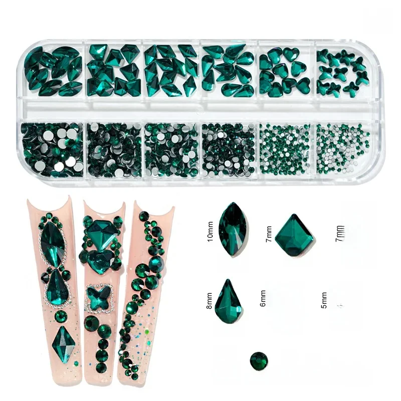Boîte de 12 ceintures multi-tailles AB/strass colorés sans correcteurs, pierres précieuses en cristal à dos plat, paillettes 3D, décorations luxueuses pour Nail Art