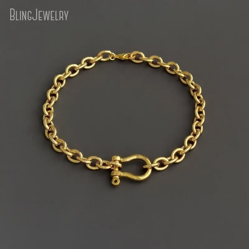 10pcs Chunky Gold U Shackle Lucky Horseshoe Charm Chain Link Stacking Bracelet Women K Gold Color Stainless Steel Jewelry