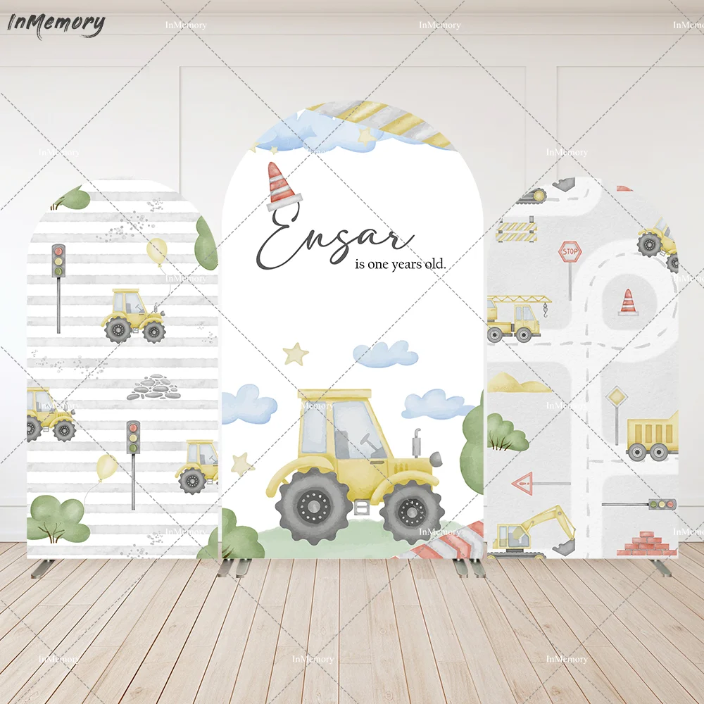 

Watercolor Construction Tractor theme Boy Baby Shower Party Arch Wall Backdrop Digger Road Children Birthday Background