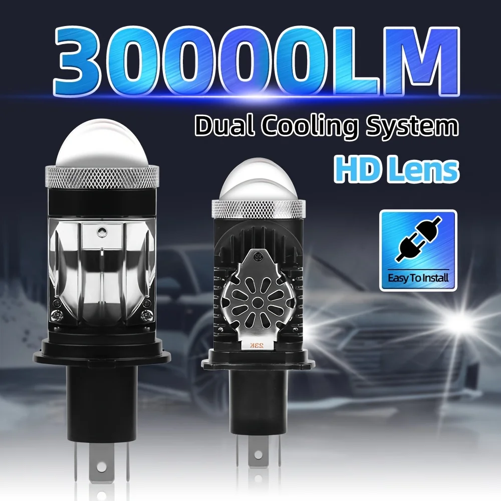 H4 Projector Bulbs MotoCycle H4 Lens High & Low Beam, 30000LM Super Bright, 6000K White Light, Dual Cooling System Easy Install