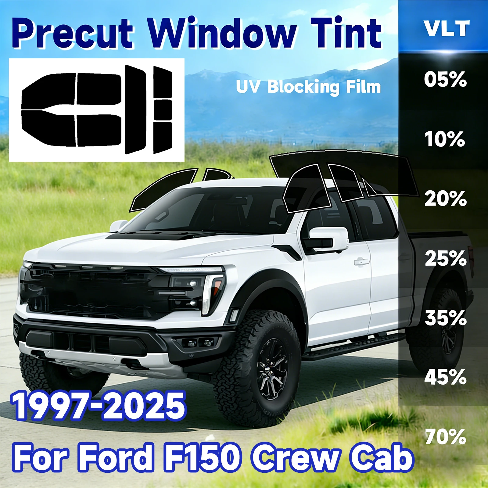 

Тонировка окон автомобиля F150 для Ford F150 Crew 1997-2025 Предварительно вырезанная автоматическая защита от солнца и ультрафиолета, 2-слойная защитная пленка для окон, тент