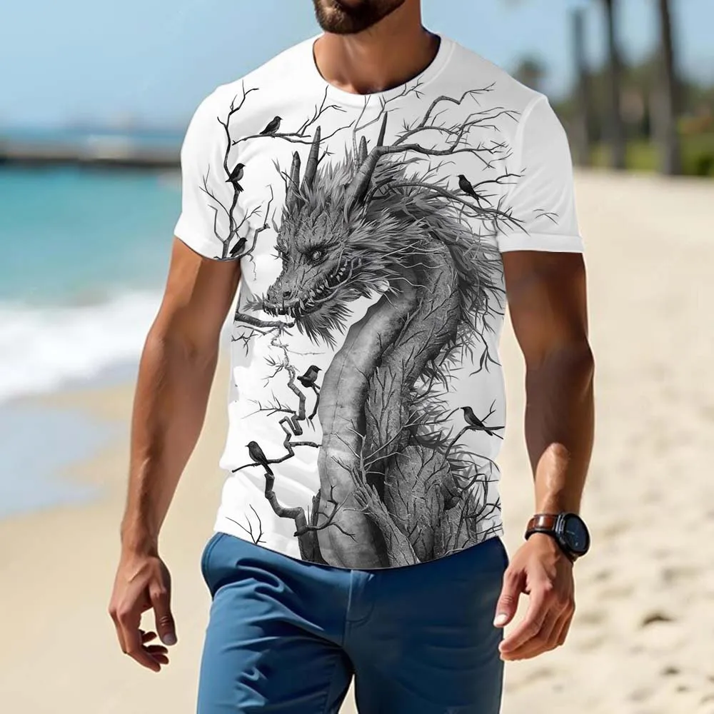 

Men's Fashion T-shirt Casual Round Neck Pullover Top Cartoon Dragon 3d Printing Summer Trend Loose Breathable Large Size Clothes