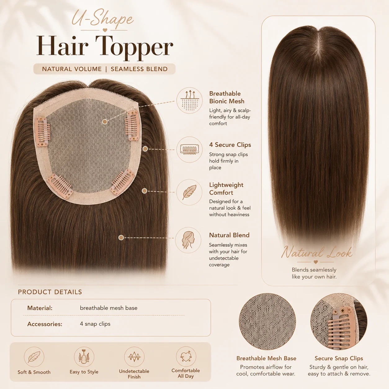 TUW19 Silk Clip-in Hair Topper for Women Remy Human Hair Piece Natural Looking Hair Extensions Human Hair Toppers for Women