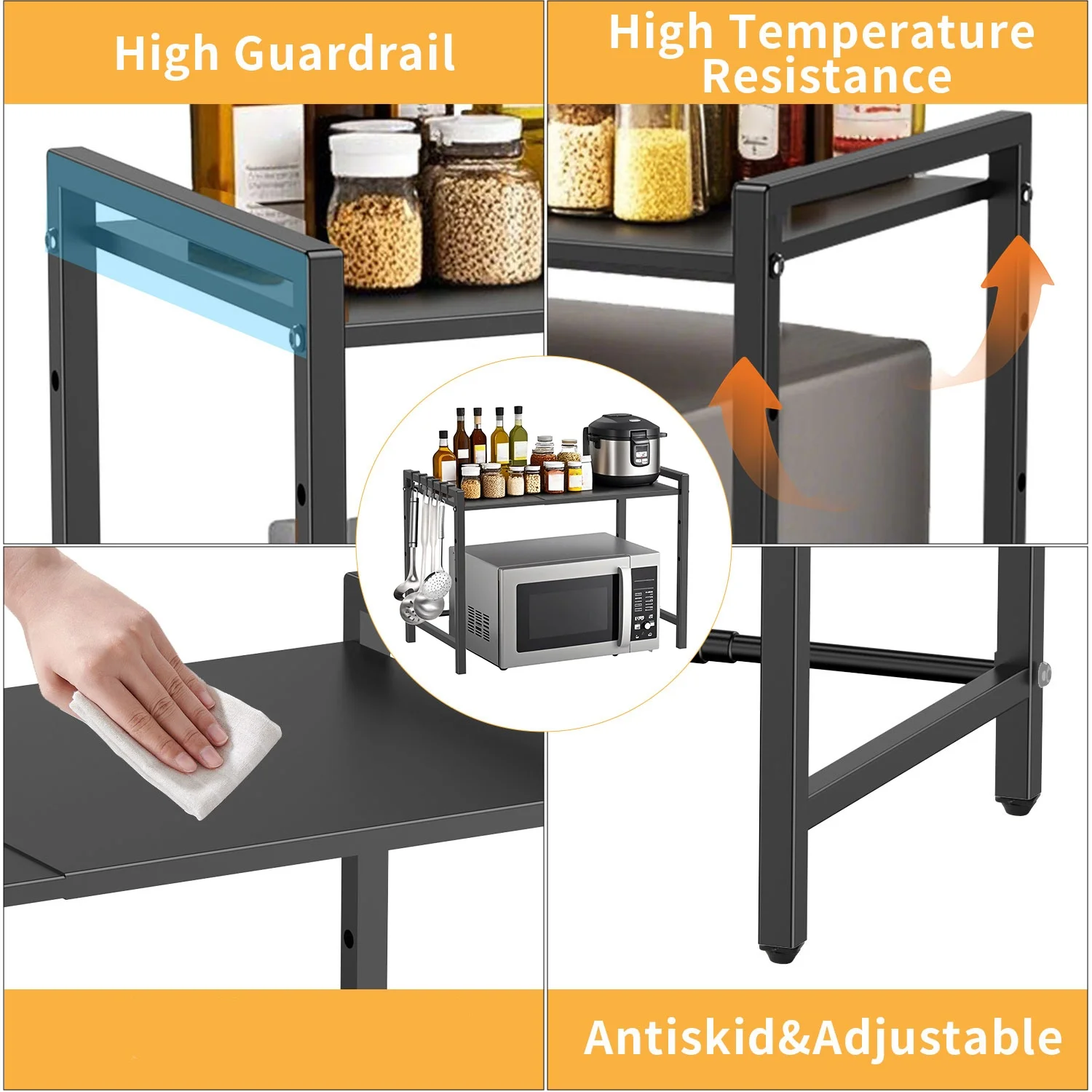 Mikrowellenregal-Organizer, Ofenregal aus Kohlenstoffstahl, erweiterbar 38–64 cm, Küchenaufbewahrung mit 6 Haken für Küchenarbeitsplatten-Organizer – Detail 6