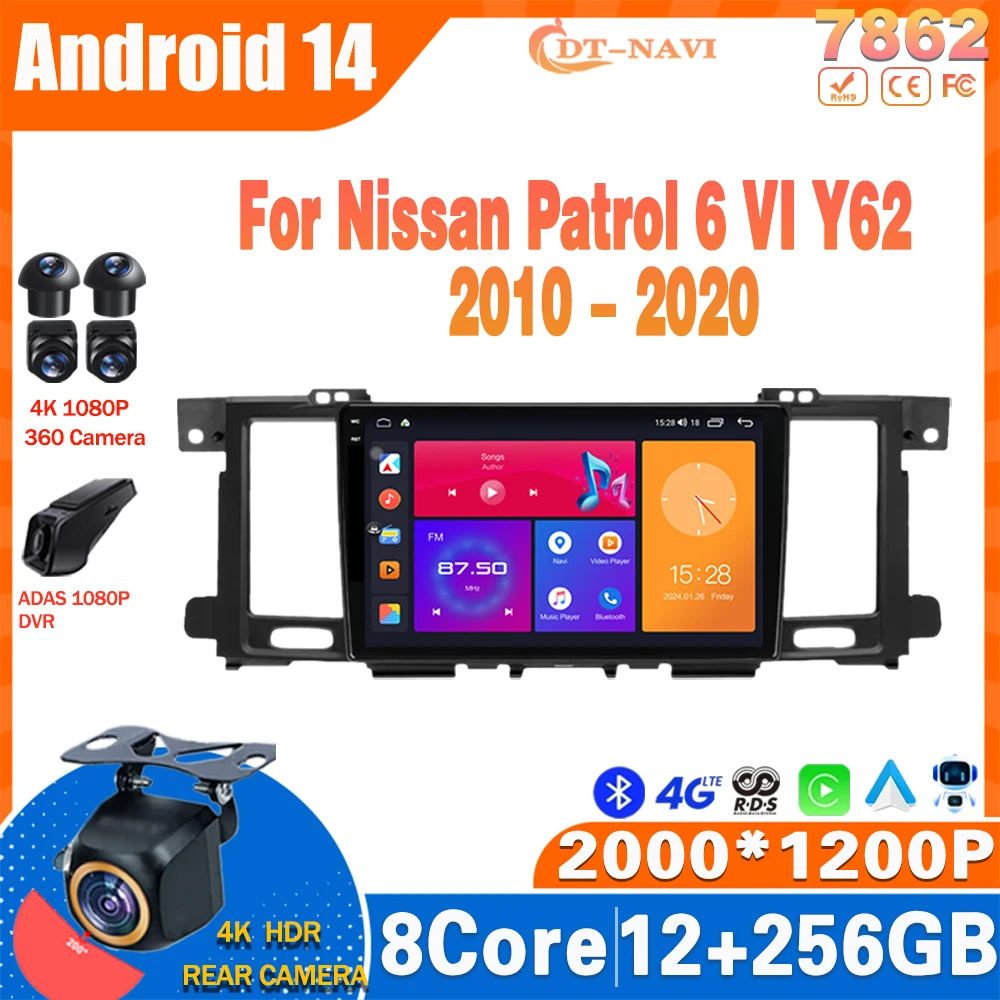 

Android 14 Car Radio For Nissan Patrol 6 VI Y62 2010 - 2020 Multimidia Video Player Navigation GPS Carplay Stereo NO 2Din 4G BT