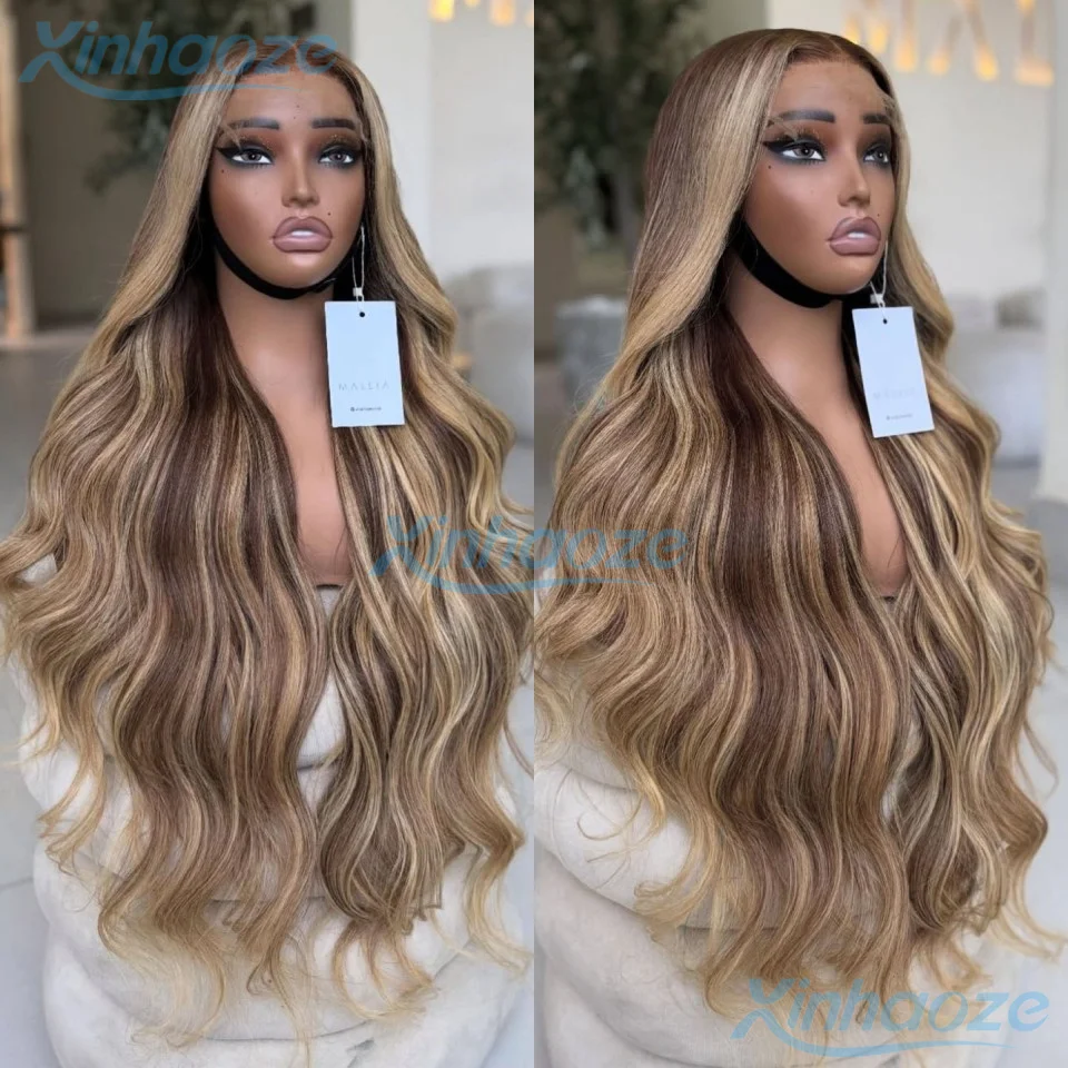 

Предварительно выщипанные парики фронта шнурка 13x6/360 волнистые коричневые блондинки # 4/27 Человеческие волосы Балаяж, плотность 200%, 5x5, парики с застежкой на шелковой основе