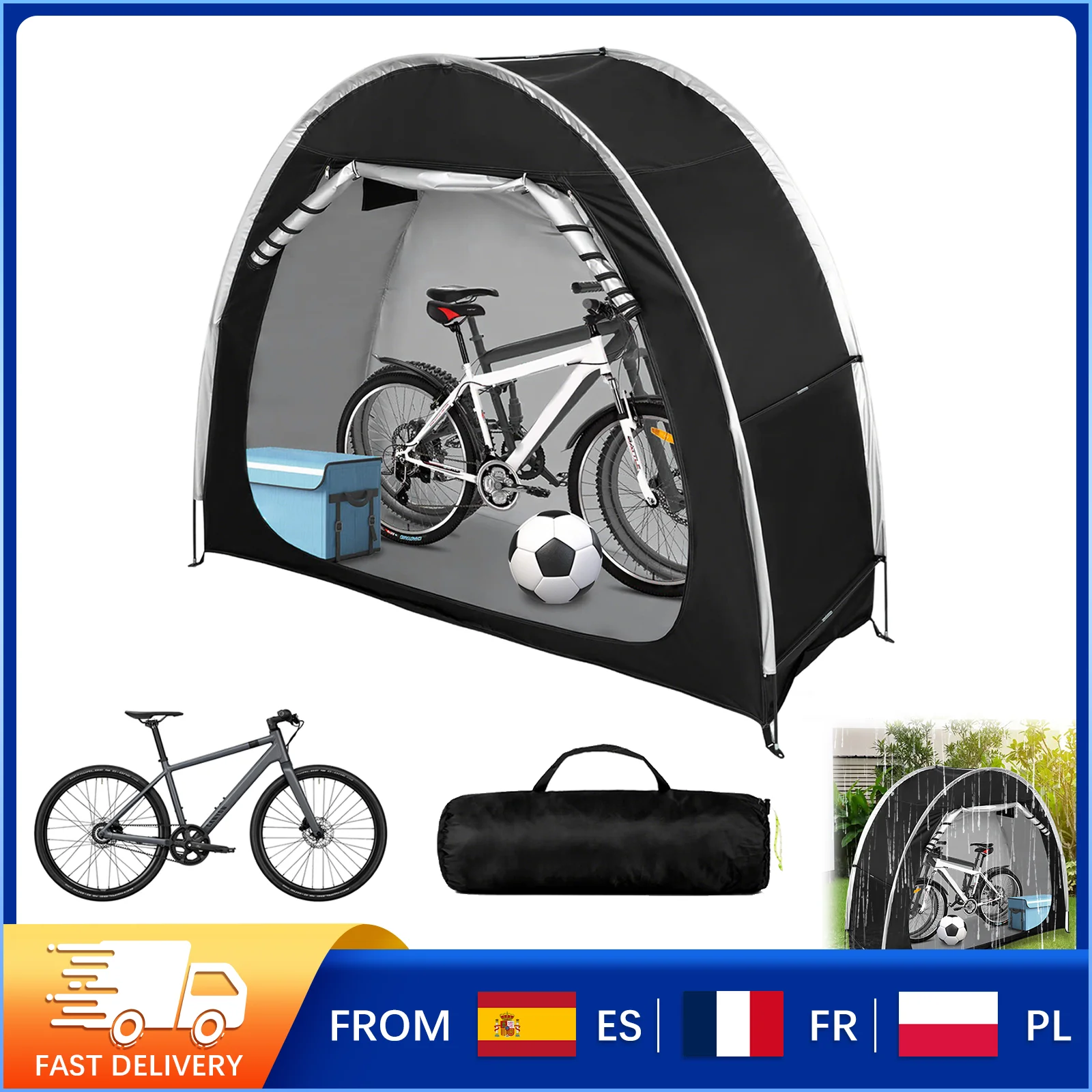 Tente de garage multifonctionnelle pour 2 vélos 200x80x165cm, abri de rangement extérieur portable et imperméable avec poteaux de support