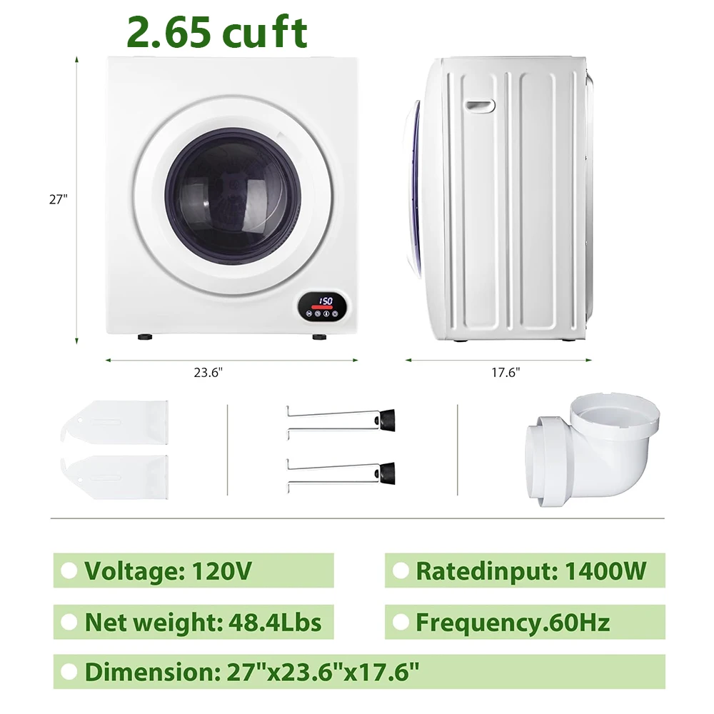 Vibekio Secador de ropa compacto Secadores de ropa de 2,65 pies cúbicos Panel de control LCD Secador portátil de cuatro funciones para apartamentos Hogar Dormitorio