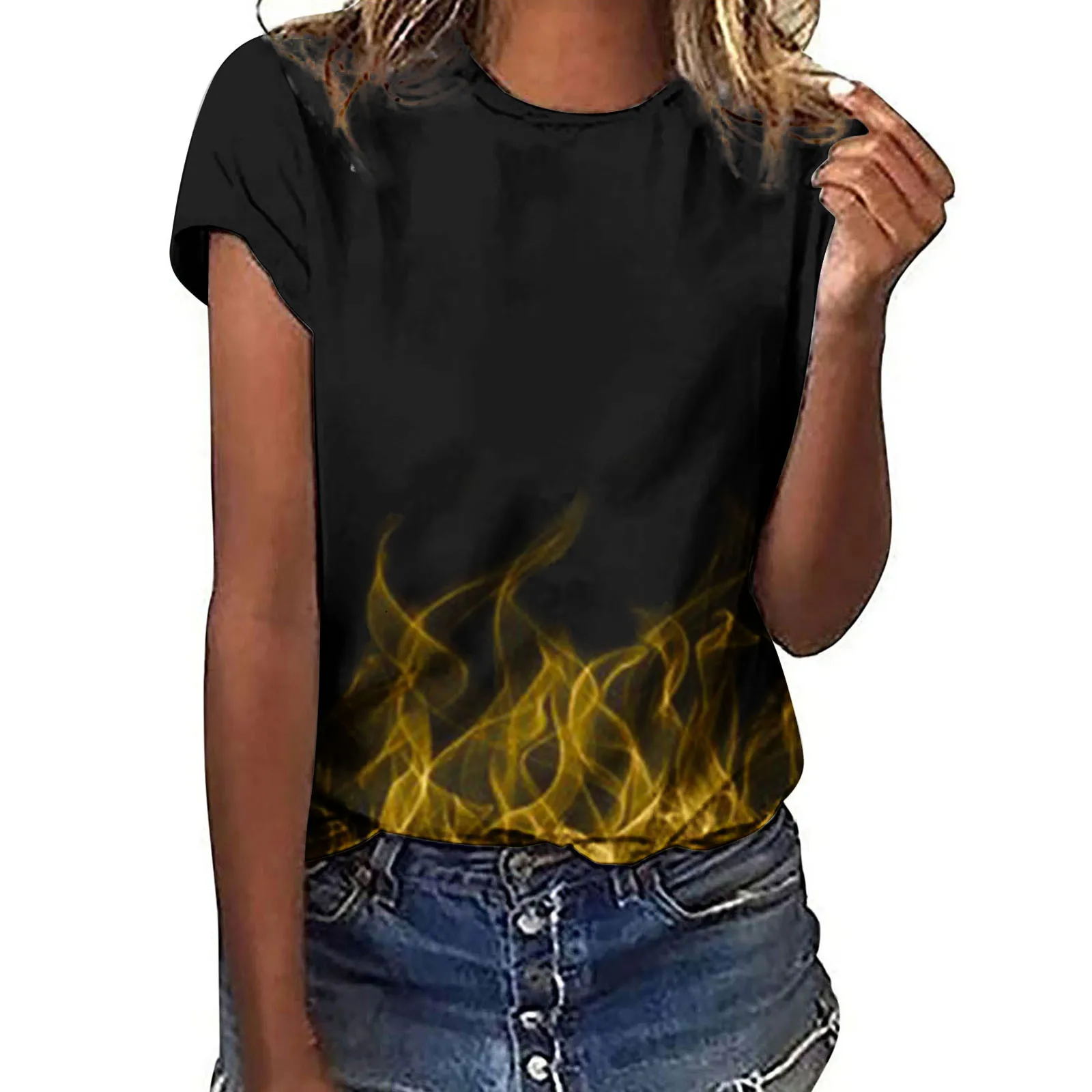 

Summer New Fashion Short Sleeve T-shirt Flame Pattern 3D Printed Round Neck Large Size Women's Short Sleeve Top