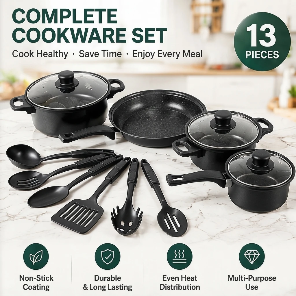 Ultimate Nonstick Cookware Set – Pots, Pans & Lids with Kitchen Utensils, Complete Home Cooking Set for Everyday Meals
