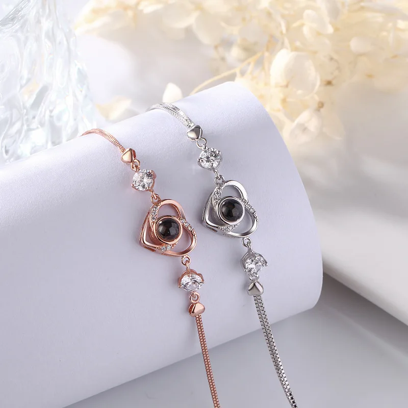 

925 Silver Heart Box Chain Customized Photos Projection Bracelets 100 Languages I Love You Jewelry For Women Memory Gift