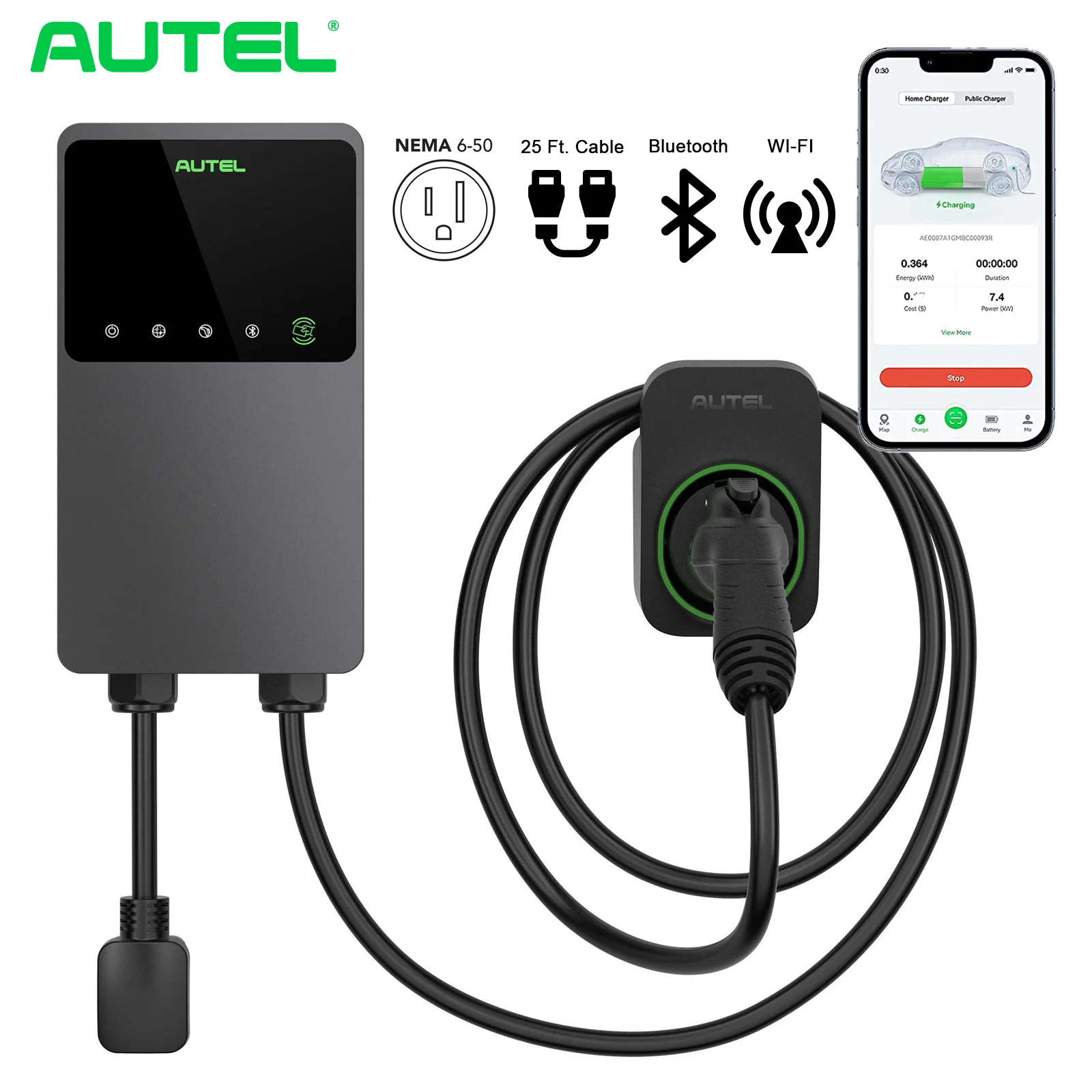 Autel 9.6KW Thông Minh Ứng Dụng Contorl Cấp 2 40A 240V 25ft Dây Cáp EV Sạc Dành Cho Gia Đình Loại 1 Xe Điện đế Sạc Tên 6-50