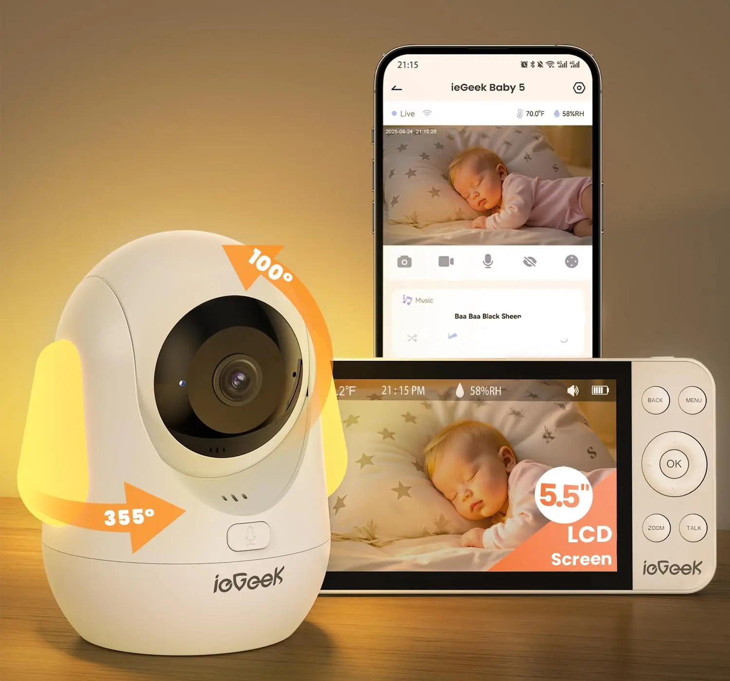 IeGeek Moniteur Bébé WiFi 2.5K 2.4/5Ghz avec Écran 5.5'' |   Détection de visage masqué et de position face contre le sol, batterie de 4000 mAh