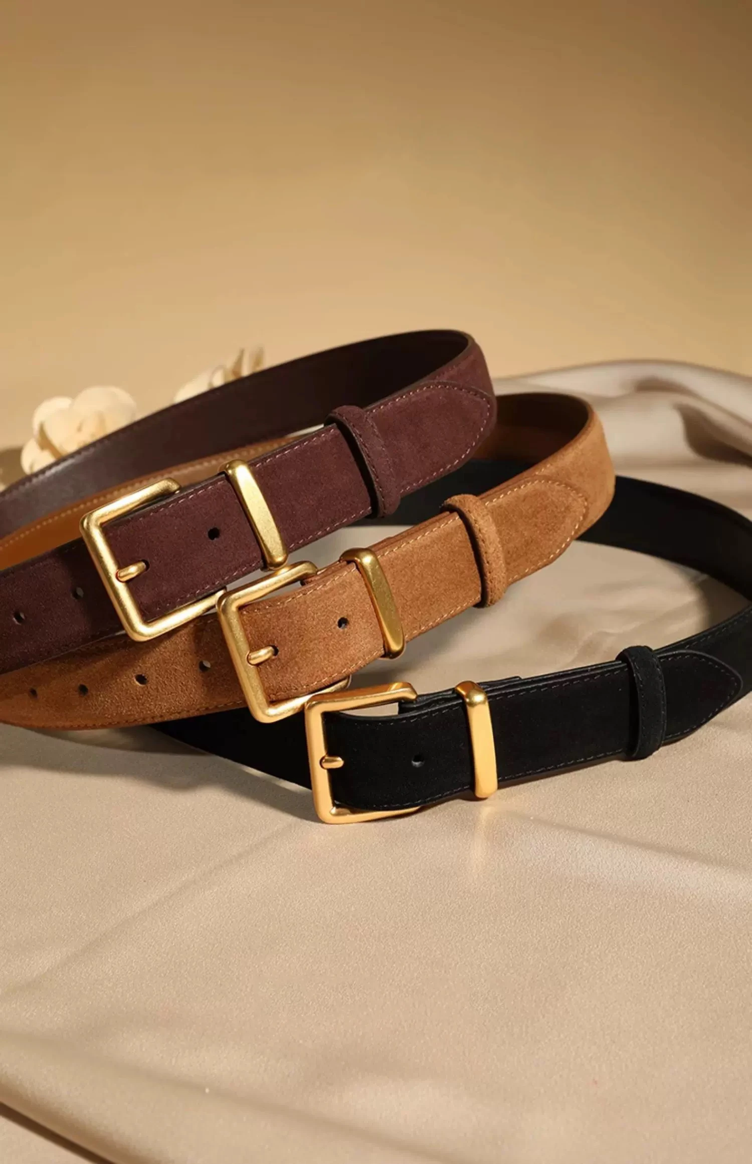 Luxuriöser Wildleder-Rindsledergürtel für Damen, Vintage-Stil mit goldener Schnalle, 3,3 cm breiter Bund für Kleider und Jeans – Detail 8