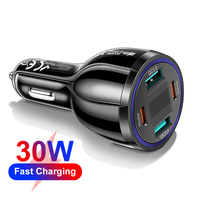 30W 4 Ports Digital display USB Car Charger Fast Charging QC3.0 USB/TYPE-C Charger For iPhone 16 Pro Max Xiaomi Samsung