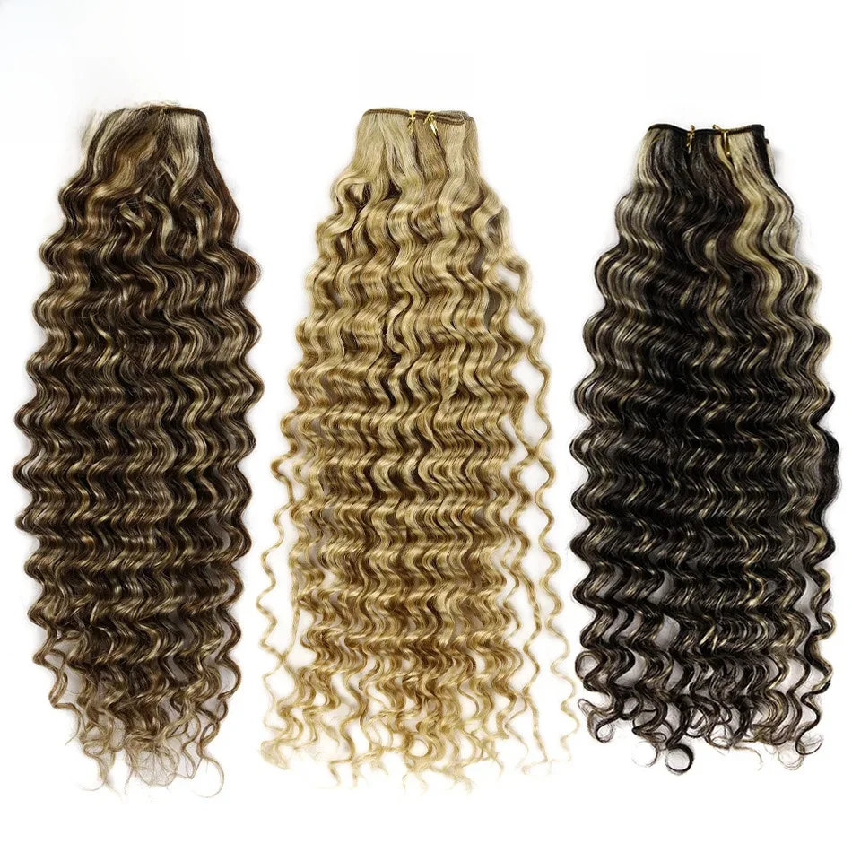 Inslagextensies Echt haar Diepe golf Haarbundels Ombre Remy Menselijk haar Weefsel Dubbele inslag Krullend haarbundel Bruin Blond Kleur - afbeelding 2
