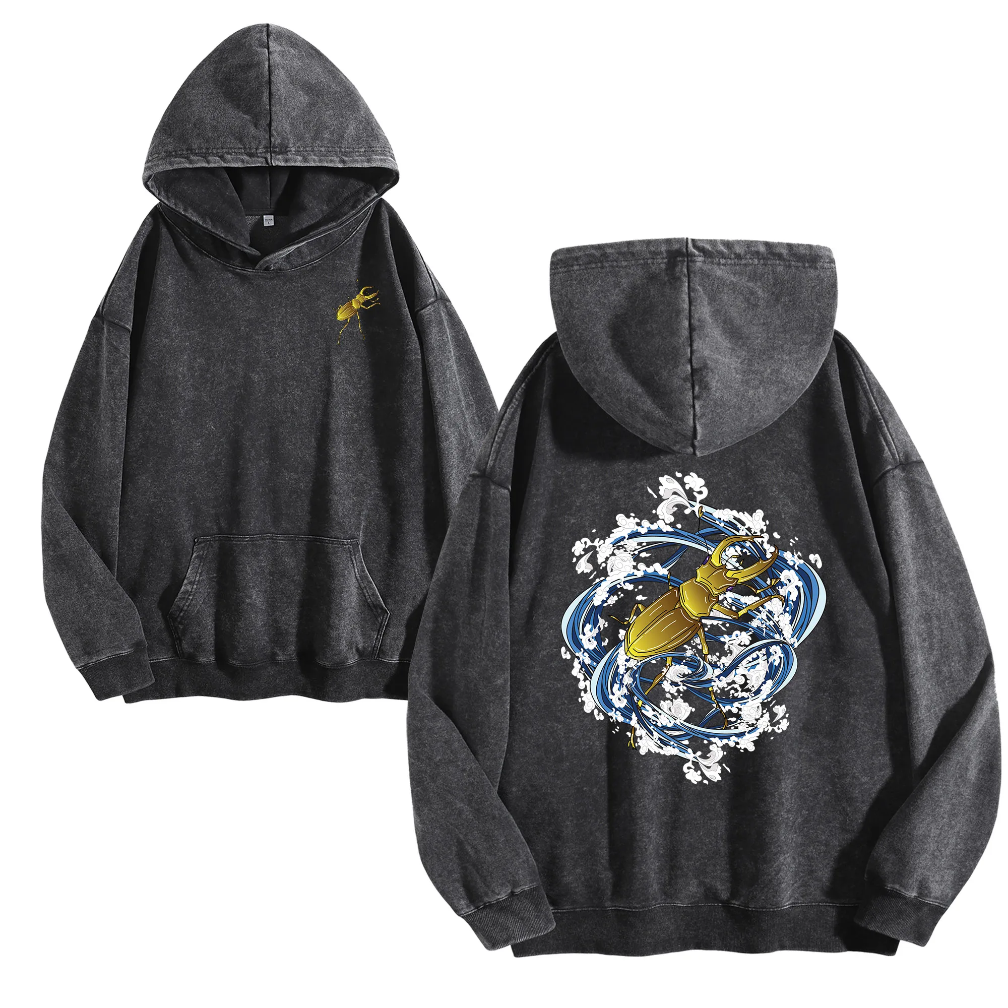 Scarab Splash طباعة على الوجهين 400G هوديي عتيق مغسول للجنسين بلوفر كبير الحجم ملابس الشارع مجموعة الخريف/الشتاء