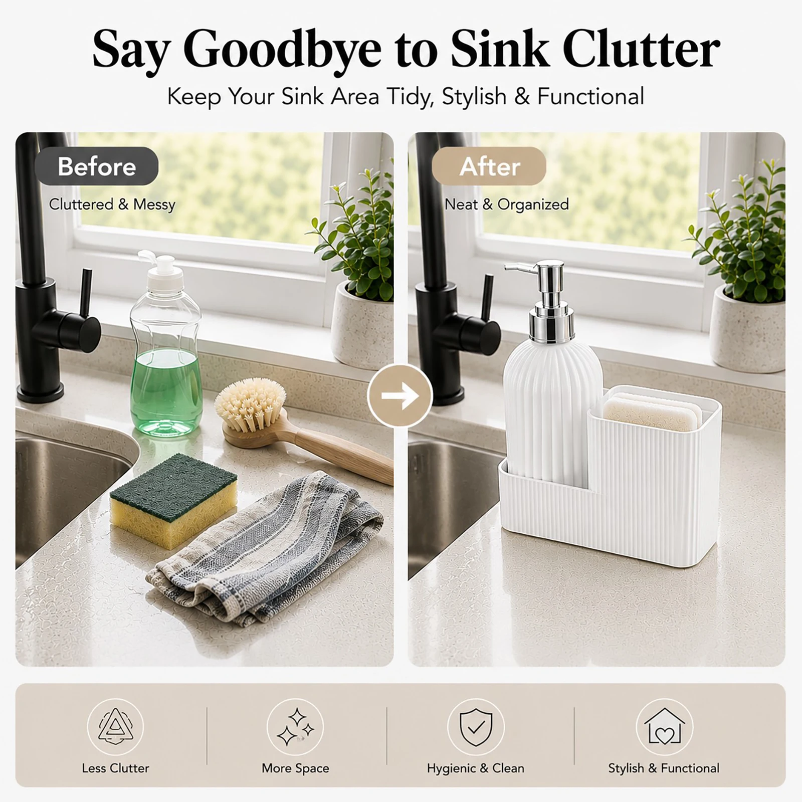 Kitchen Sink Organizer Set with Removable Soap Dispenser, White Ribbed Plastic Liquid Soap Pump and Divided Sponge Holder Caddy