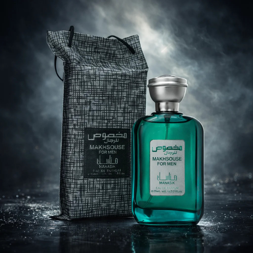 Parfum Makhsouse pour Hommes 100 ml - Manasik. Parfum masculin oriental frais et aromatique avec des notes d'agrumes, des nuances épicées et une base boisée chaleureuse.