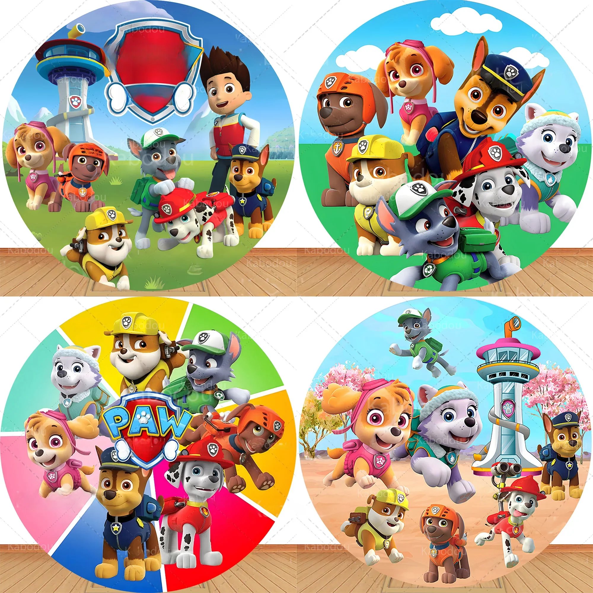 Toile de fond ronde Paw Patrol pour la photographie, décoration de fête d'anniversaire pour garçons, fond de douche de bébé, accessoire de studio circulaire, dessin animé de chien