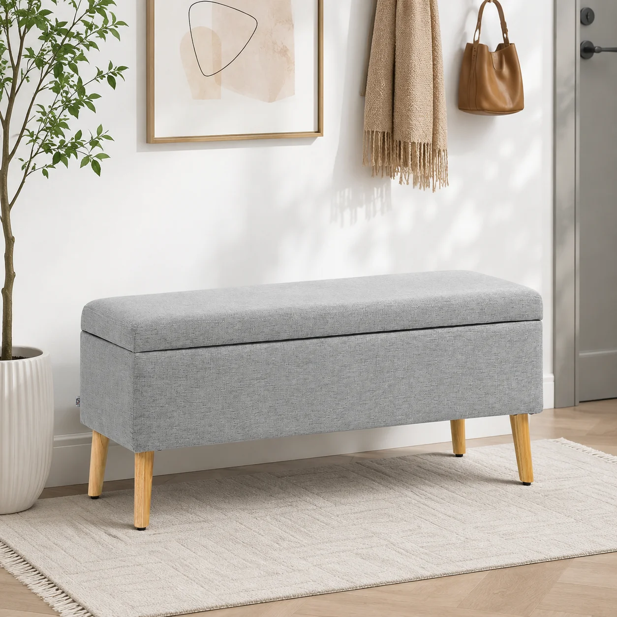 Banc coffre rangement rembourré aspect lin pour chambre à coucher, entrée, salon, charge 220 Kg, 110 x 39 x 45 cm, gris