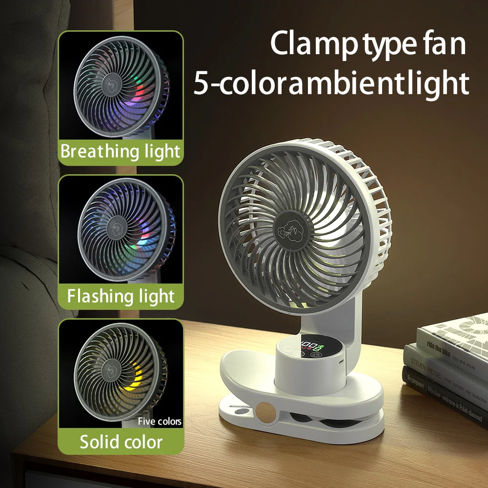 5000mAh Rechargeable Camping Ceiling Fan Desktop 9 Speed Strong Air Circulator Fan With LED Light Home Dormitory Clip-on Fan