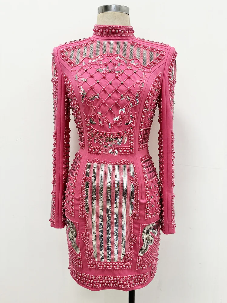Spot 2025 Autumn/Winter New Fashion Heavy Industry Diamond studded Bead Sparkling Elastic Tight Dress Small Dress