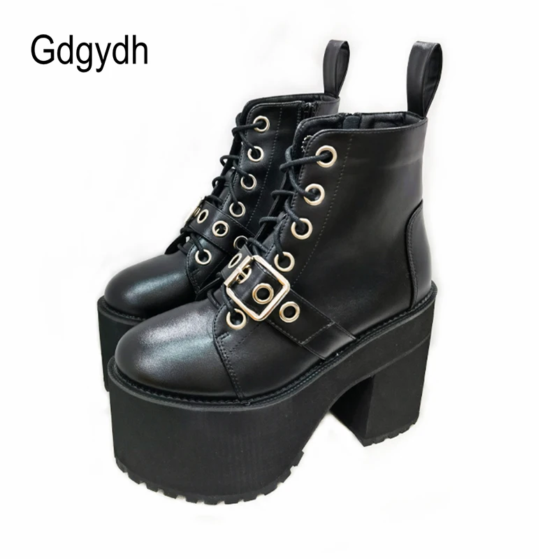 Gdgydh Womens Gothic Style Platform Combat Boots Buckle Front Tie Short Boots Street Slope Punk Mid Calf Boots Chunky Heels