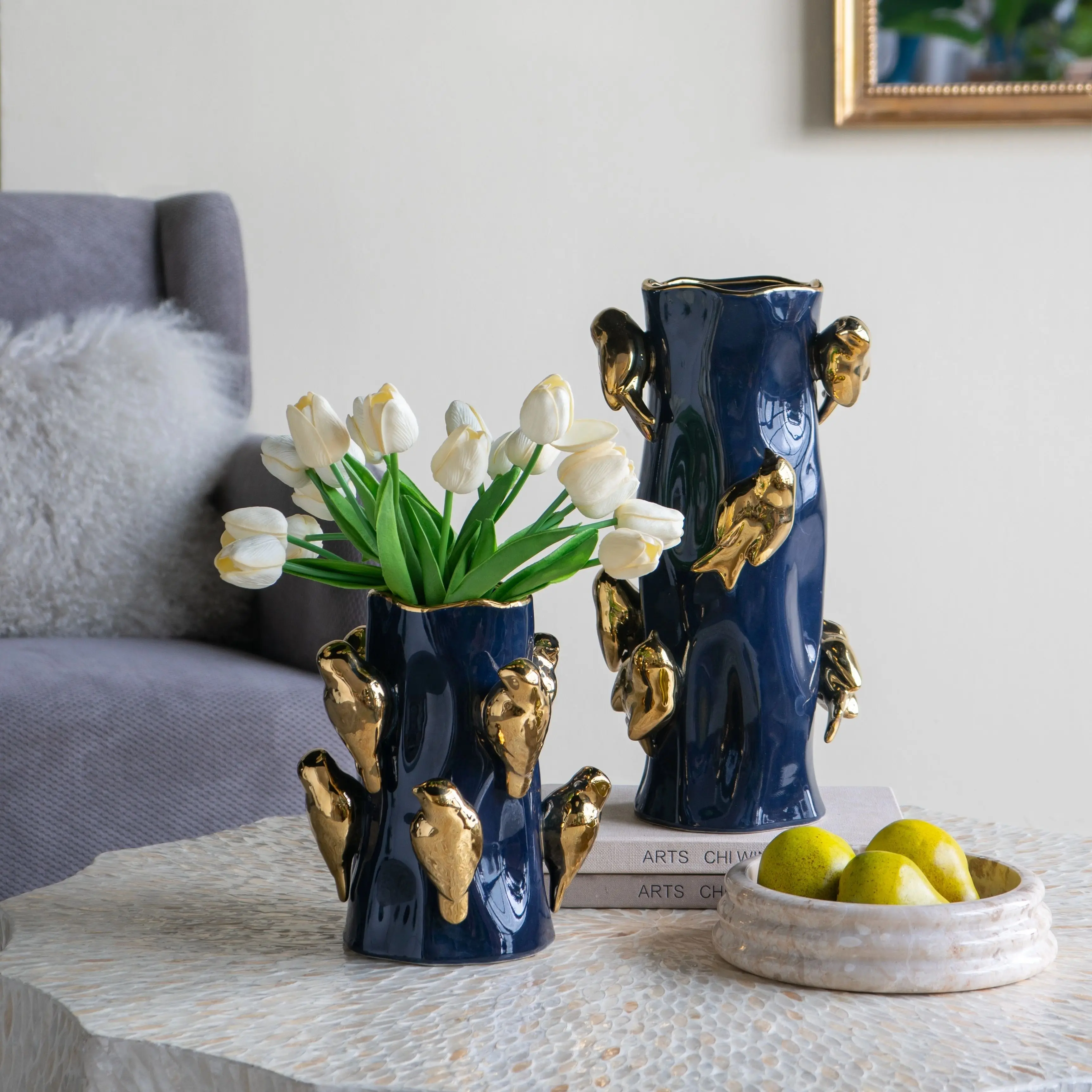 

8.7x8.7x9.5" Blue Ceramic Tree Branch Vase with Gold Bird Accents On-Site