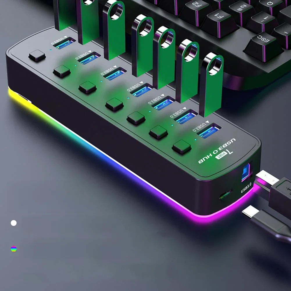 Hub USB 3.0 à 7 Ports, 5Gbps, adaptateur séparateur USB haute vitesse, interrupteur marche/arrêt individuel pour PC, accessoires informatiques, Hub USB SSD RGB