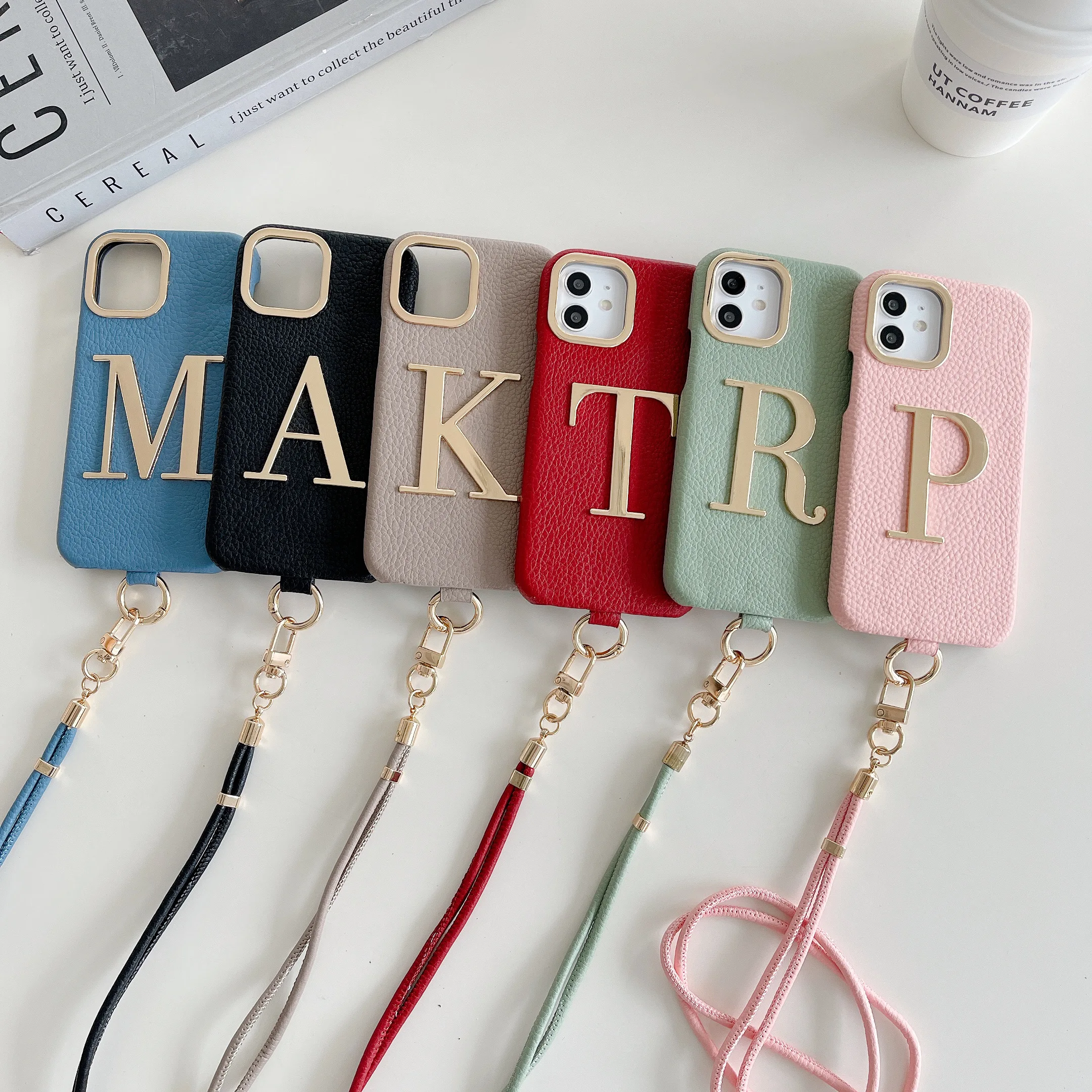 Customiezd Initial Leather Gold Letter Phone Case Lanyard Protective Cover for iPhone17 16 11 12 13 14 15ProMax Premium Luxury