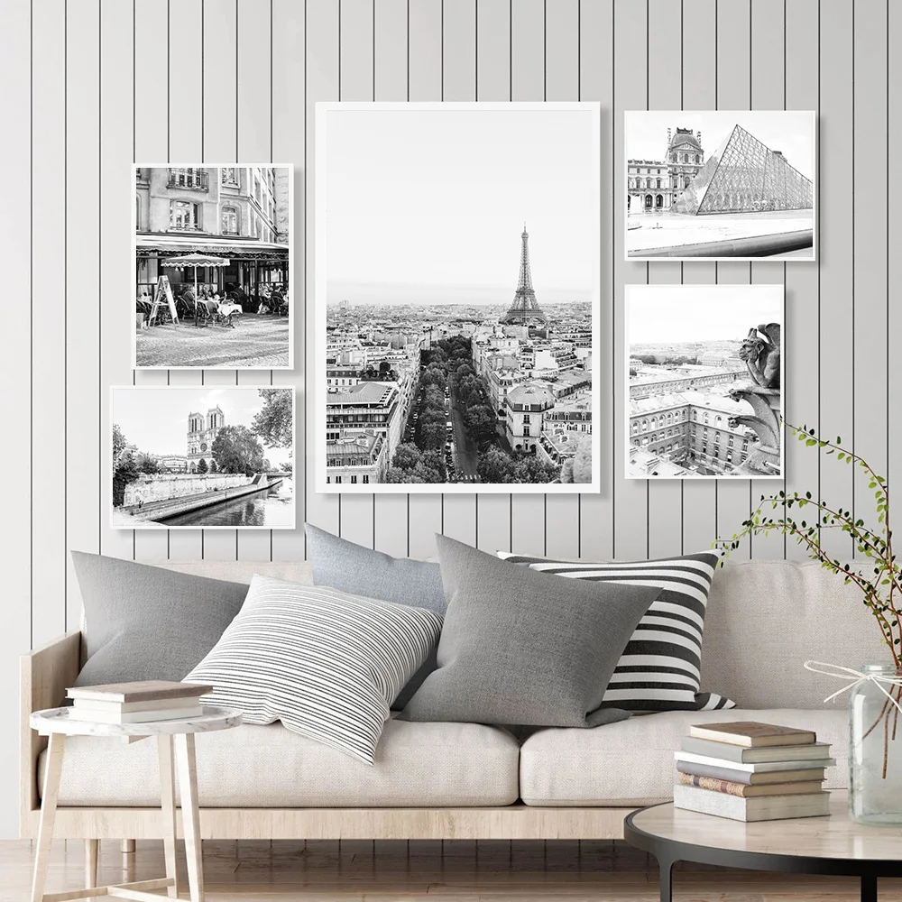 Black White Canvas Painting Paris Eiffel Tower Louvre Gargoile Notre Dame Poster Prints Nordic Style Wall Art Picture Home Decor