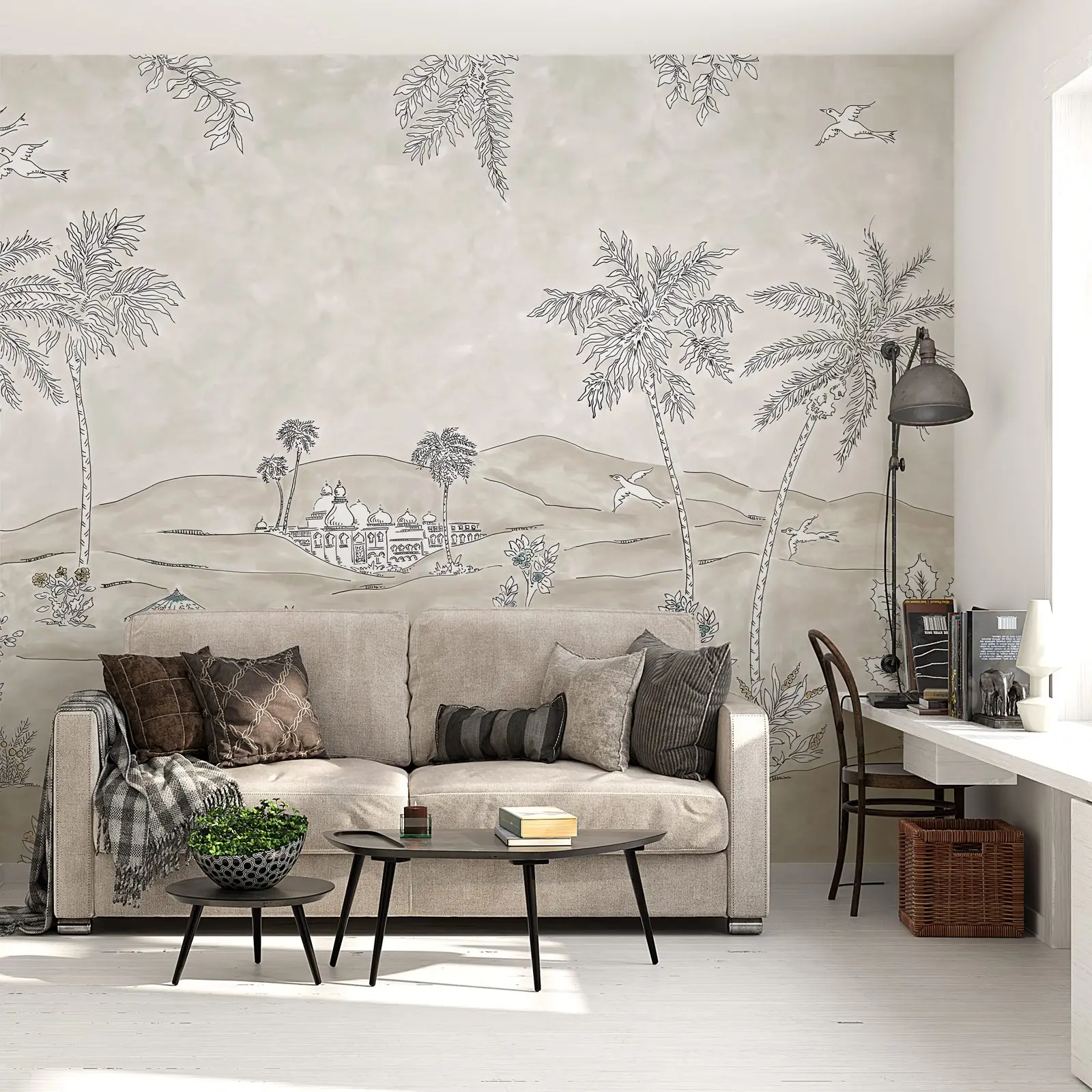 

HandDrawn wallpaper Wadi with Ancient style Palace in the hills of the Valley, Chinoiserie Wall Paper with Birds and Palms