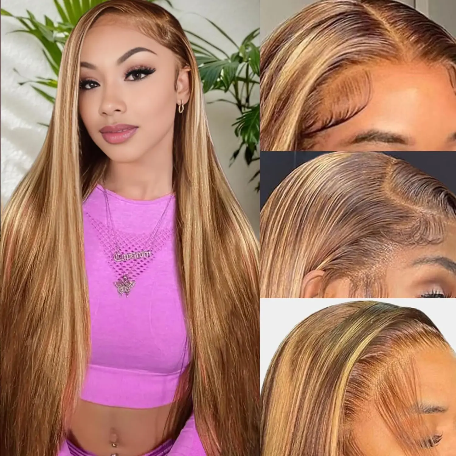 

Honey Blonde Straight Lace Front Wigs Human Hair Pre Plucked 200 Density 13x4 Ombre Lace Front Wig Human Hair 4/27 Colored Wig