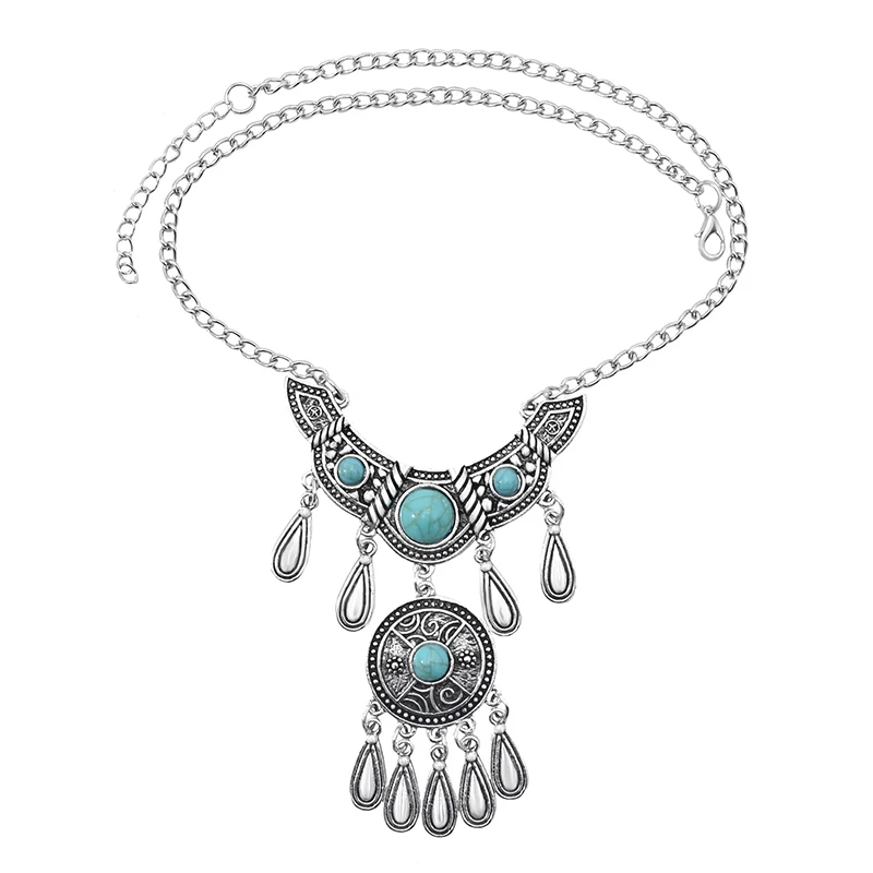 Vintage Ethnic Multilayer Water Drop Tassel Statement Necklaces for Women Boho Blue Beads Carved Silver Color Necklaces Jewelry